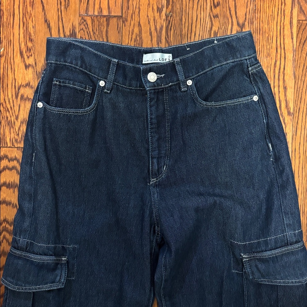 LOFT Dark Blue Cargo Wide Leg Denim Jeans Size: 27/4 - Picture 5 of 7